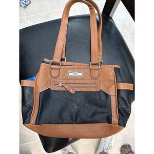 Brown & Navy Satchel Handbag Purse Front Zip‎ Pocket Stylish Everyday Bag